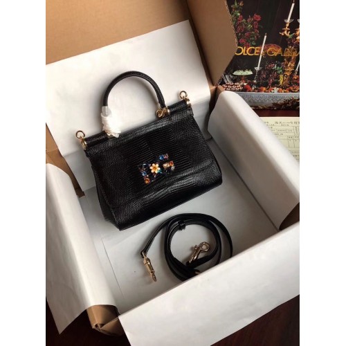 Dolce Gabbana Origianl Lizard Leather Flower Logo Bag BB4137 Zwart