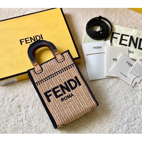 FENDI Mini Sunshine Shopper FF raffia minitas 8BS051A zwart
