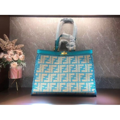 FENDI PEEKABOO X-TOTE FF tas van raffia 8BH374A lichtblauw