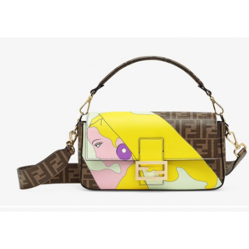 Fendi FF geglazuurde stoffen tas met inlay Baguette 8BR600A bruin&geel