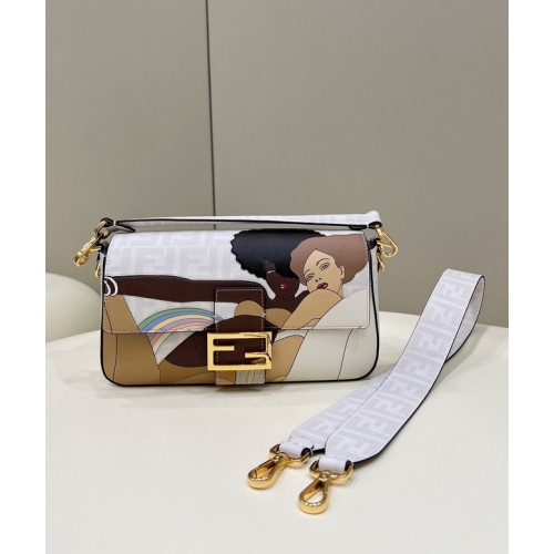 Fendi FF geglazuurde stoffen tas met inleg Baguette 8BR600A wit