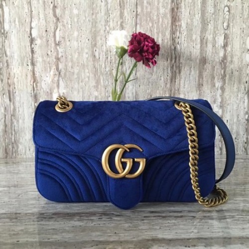 Gucci 443497 GG Marmont Chevron fluwelen schoudertas blauw