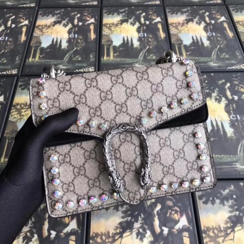 Gucci Dionysus GG Supreme canvas kristallen minitas 421970 zwart