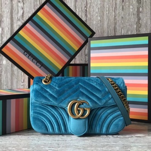 Gucci GG Marmont Chevron fluwelen schoudertas 443497 hemelsblauw