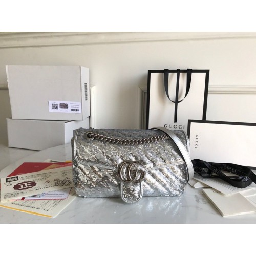 Gucci GG Marmont Sequin Mormont Small Schoudertas 443497 Zilver