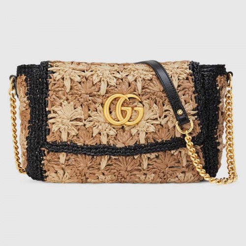 Gucci GG Marmont kleine schoudertas van raffia 574433 Zwart