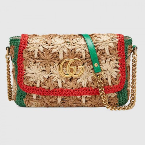 Gucci GG Marmont kleine schoudertas van raffia 574433 Rood en groen