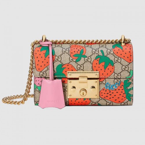 Gucci Padlock GG Strawberry kleine schoudertas 409487 Aardbeienprint
