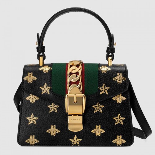 Gucci Sylvie Bee Star mini leren tas 470270 zwart