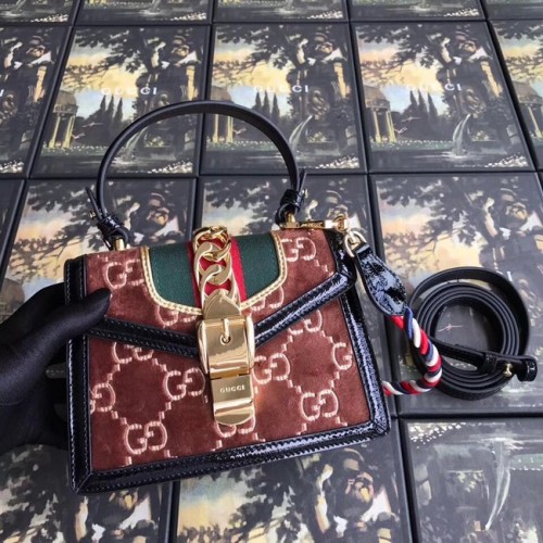 Gucci Sylvie GG fluwelen minitas 470270 bruin