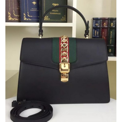 Gucci Sylvie Leren Schoudertas 421665 Zwart