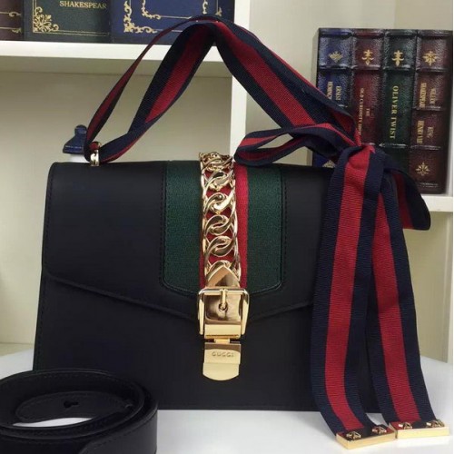 Gucci Sylvie Leren Schoudertas 421882 Zwart
