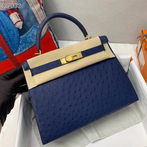 Hermes Kelly tas origineel leer struisvogel huid H5600 donkerblauw