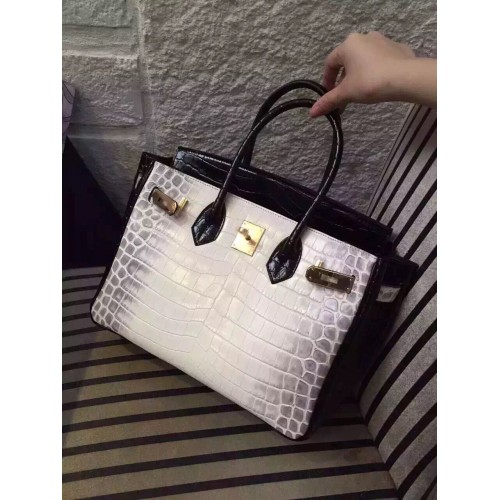 Hermes Birkin 30CM Schoudertas Wit & Zwart Croco Leer H30 Goud