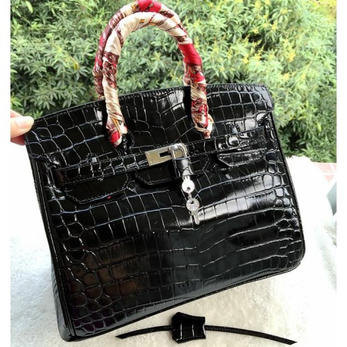 Hermes Birkin 30CM draagtassen zwart iriserend croco leer goud