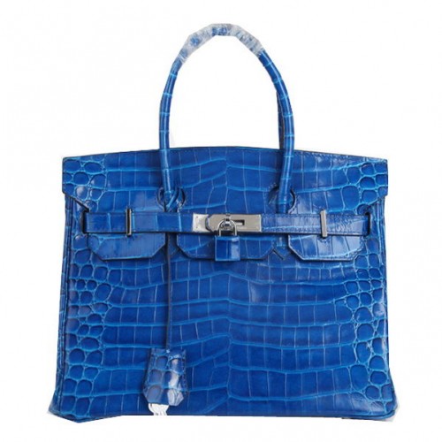Hermes Birkin 30CM draagtassen blauw iriserend croco leer zilver