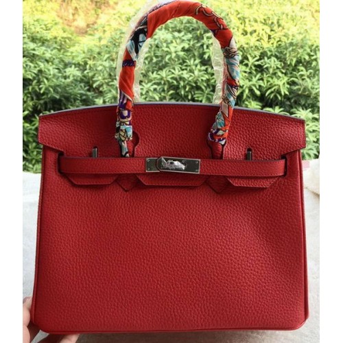 Hermes Birkin 30CM draagtassen rood kalfsleer leer BK30 zilver