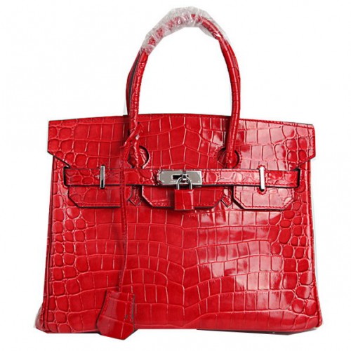 Hermes Birkin 30CM draagtassen rood iriserend croco leer zilver