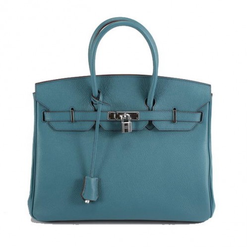 Hermes Birkin 35cm glad lederen handtas 6089 blauw zilver