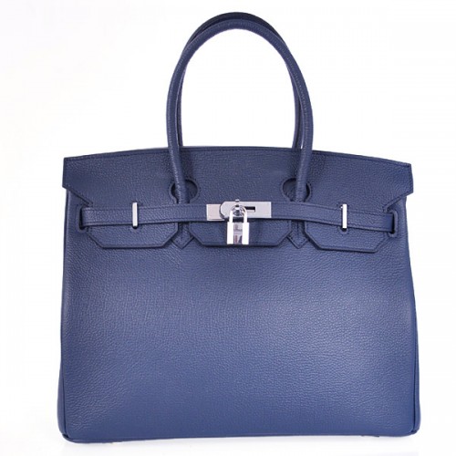 Hermes Birkin 35CM glad lederen handtas 6089 donkerblauw zilver