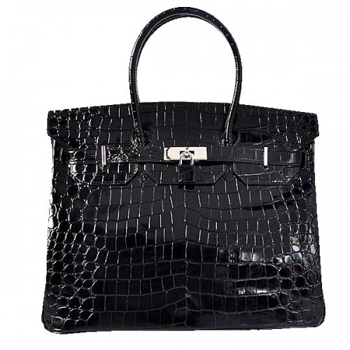 Hermes Birkin 35CM draagtas zwart iriserend croco leer zilver