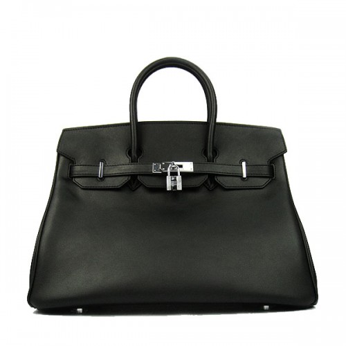 Hermes Birkin 35cm draagtas zwart glad leer H6089 zilver