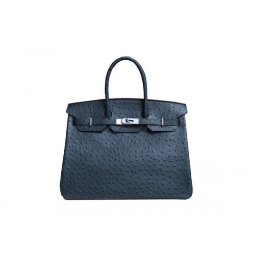 Hermes Birkin 35CM draagtas donkerblauw struisvogelleer BK35 zilver