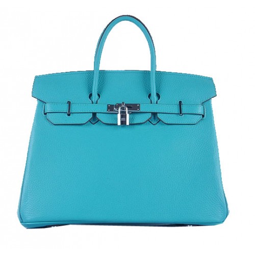 Hermes Birkin 35cm draagtas lichtblauw korrelig leer zilver
