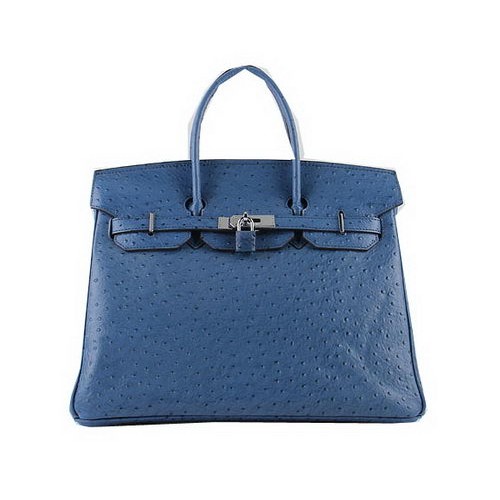 Hermes Birkin 35CM draagtassen blauw struisvogelleer H6089 zilver