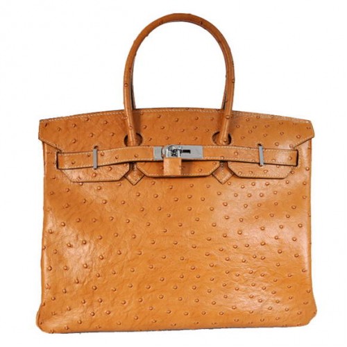 Hermes Birkin 35CM draagtassen Struisvogel Togo Leer Oker Zilver
