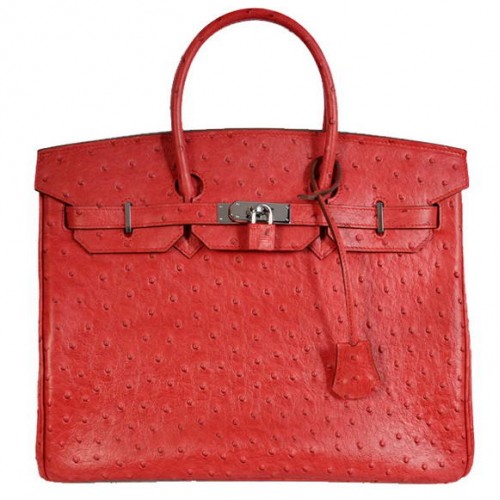 Hermes Birkin 35CM draagtassen struisvogel Togo leer rood zilver