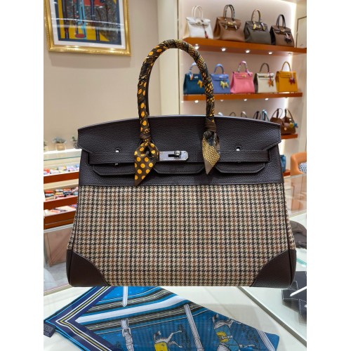 Hermes Birkin Tas Origineel Leer 35CM 17888 Houndstooth Donkerbruin