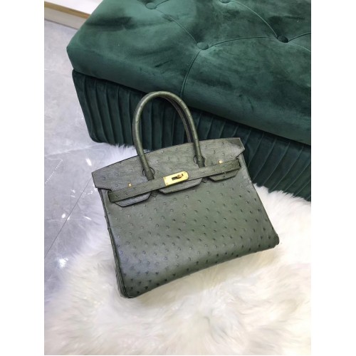 Hermes Birkin Bag Original Leather Struisvogelhuid HBK2530 zwartachtig groen