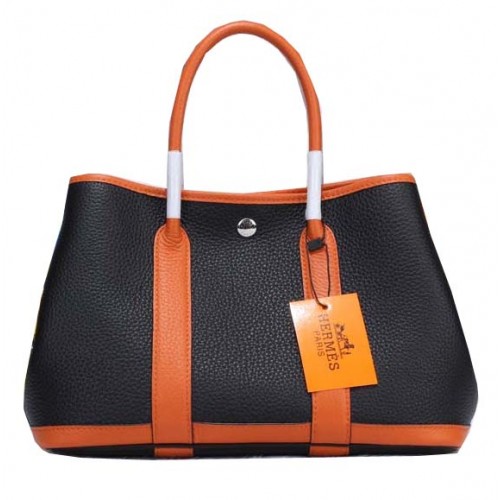 Hermes Garden Party 30cm draagtassen korrelig leer zwart en oranje