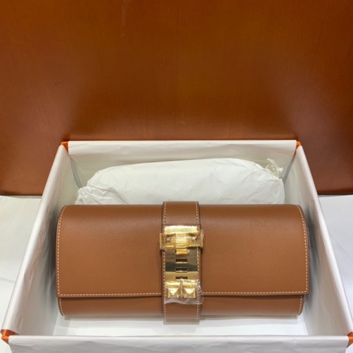 Hermes H Medor swift lederen clutch 37566 bruine en gouden hardware