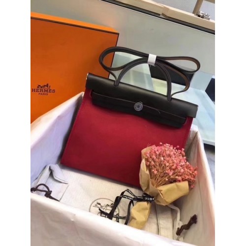 Hermes Herbag 31CM Origineel Canvas Leer Kalfsleer 45987 Zwart & Rood