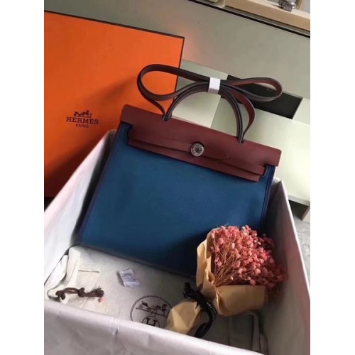 Hermes Herbag 31CM Origineel Canvas Leer Kalfsleer 45987 Blue&Wine