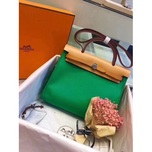 Hermes Herbag 31CM Origineel Canvas Leer Kalfsleer 45987 Groen & Abrikoos