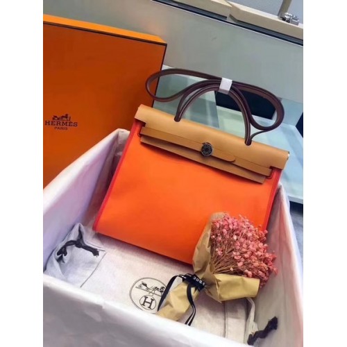 Hermes Herbag 31CM Origineel Canvas Leer Kalfsleer 45987 Oranje&Bruin