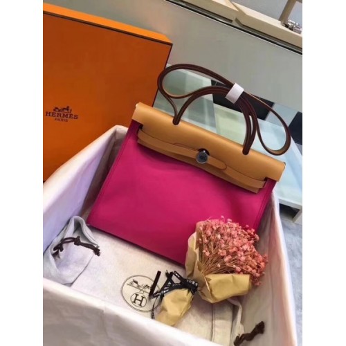 Hermes Herbag 31CM Origineel Canvas Leer Kalfsleer 45987 Roze & Bruin