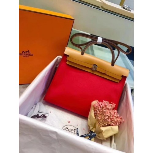Hermes Herbag 31CM Origineel Canvas Leer Kalfsleer 45987 Rood & Abrikoos