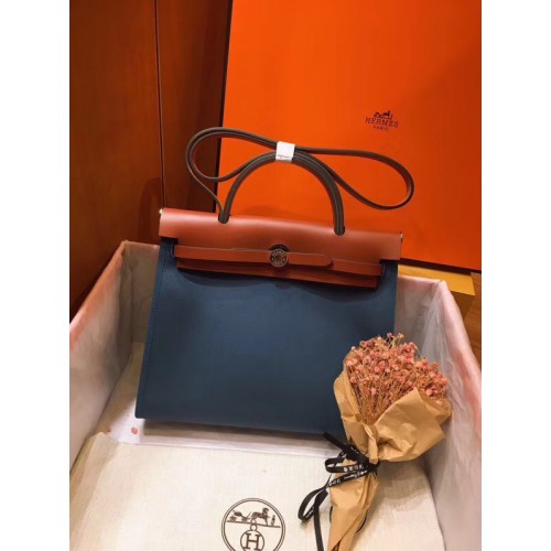 Hermes Herbag 31CM Origineel Canvas Leer Kalfsleer 45987 Blauw & Bruin