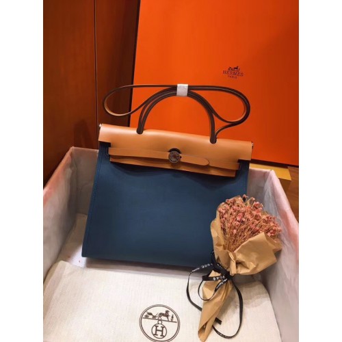 Hermes Herbag 31CM Origineel Canvas Leer Kalfsleer 45987 Blauw & Abrikoos