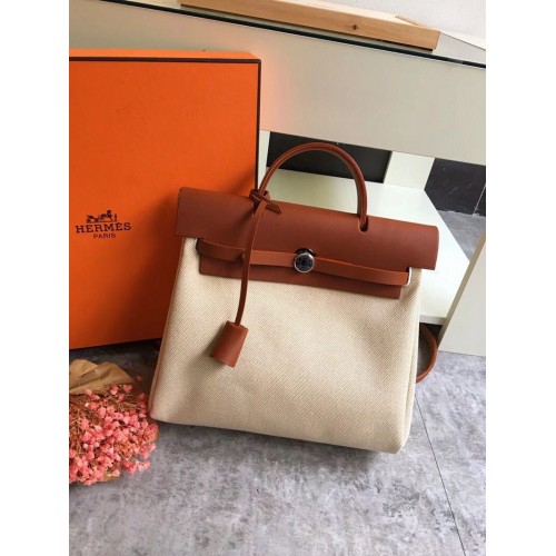 Hermes Herbag 31CM origineel canvas leer kalfsleer 45987 bruin en wit