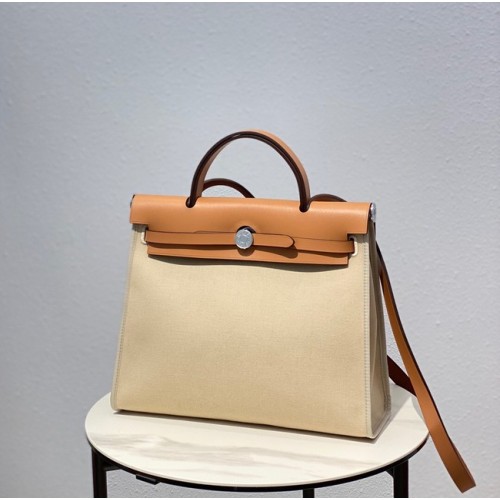 Hermes Herbag 31CM Origineel Canvas Leer Kalfsleer 48887 Offwhite&Camel