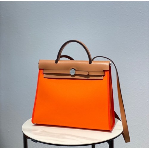 Hermes Herbag 31CM Origineel Canvas Leer Kalfsleer 48887 oranje&bruin
