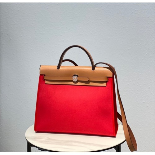 Hermes Herbag 31CM Origineel Canvas Leer Kalfsleer 48887 rood & bruin