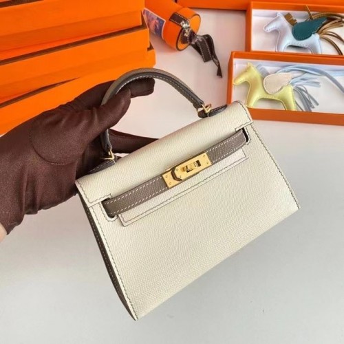 Hermes Kelly 19cm schoudertassen Epsom leer KL19 gouden hardware crème en grijs