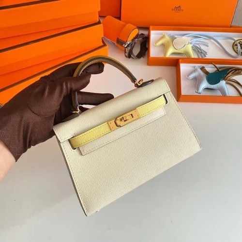 Hermes Kelly 19cm schoudertassen Epsom leer KL19 gouden hardware crème en geel