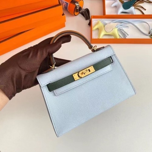 Hermes Kelly 19cm schoudertassen Epsom leer KL19 Gouden hardware lichtblauw en groen